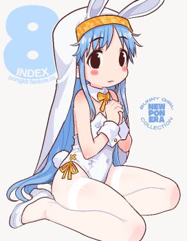 1girl blue_hair blush blush_stickers breasts brown_eyes choker collar cuffs detached_collar flat_chest index_(toaru_majutsu_no_index) loli makeup pantyhose playboy_bunny pongldr rabbit_ears rabbit_tail self-upload small_breasts smile solo_focus thighs toaru_majutsu_no_index white_background white_pantyhose