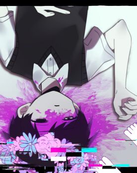 2boys absurdres ahoge bare_arms barefoot basil_(headspace)_(omori) basil_(omori) black_eyes black_hair black_sweater_vest blood blood_on_clothes blood_on_face blood_on_ground blood_splatter blue_flower blue_rose bright_pupils collared_shirt commentary_request feet fingernails flower glitch hair_behind_ear half-closed_eyes hand_on_own_stomach hand_up highres letterboxed looking_at_viewer male_focus mqd0rl multiple_boys omori outside_border parted_lips pink_blood pink_flower pink_rose pov pov_legs purple_flower rose shirt short_hair short_sleeves simple_background single_empty_eye solo_focus sunny_(omori) sweater_vest swept_bangs toes upper_body upside-down very_short_hair white_background white_pupils white_shirt