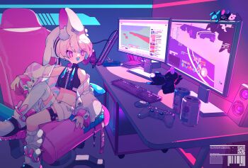 1boy animal_ear_fluff animal_ear_footwear animal_ears animal_shoes asymmetrical_legwear barcode black_jacket blue_tongue can chair colored_tongue commentary computer computer_keyboard computer_mouse controller cropped_jacket dated_commentary desk drawstring drink_can english_text eyes_visible_through_hair fang game_controller hat hat_with_ears highres indoors jacket leg_warmers male_focus monitor navel on_chair open_clothes open_jacket open_mouth original ozreiji pink_eyes pink_hair qr_code rabbit_ears rabbit_footwear rabbit_zipper shoes short_hair shorts single_leg_warmer single_thighhigh sitting skin_fang sleeveless sleeveless_jacket smile sneakers solo symbol-only_commentary thigh_strap thighhighs tissue_box trap tsurime white_hat white_jacket white_leg_warmers white_shoes white_shorts white_thighhighs zipper zipper_pull_tab