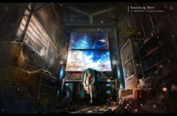 1girl absurdly_detailed_composition absurdres artist_name bare_legs barefoot bird black_shirt blanket blue_hair blunt_bangs book bookshelf bottomless box can cardboard_box cat ceiling_fan chair closed_eyes closed_mouth cloud cloudy_sky commentary computer computer_tower couch cup desk mp3_player drink_can dust female_focus flask headphones highres hood hood_down hooded_jacket indoors jacket leg_up light_particles light_rays listening_to_music loaded_interior long_hair long_sleeves manoma messy_room microscope monitor mug no_pants office_chair original picture_frame plant potted_plant revision scenery seagull shelf shirt sidelocks sitting sky soda_can solo speaker sunbeam sunlight swivel_chair table title very_long_hair white_jacket window window_blinds window_shadow wire