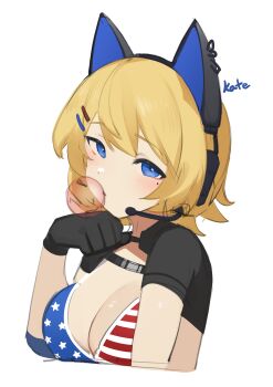 1girl absurdres american_flag american_flag_bikini american_flag_print animal_ear_headphones animal_ears bikini blonde_hair blowing_bubble_gum blue_eyes blush breasts cat_ear_headphones cat_ears character_name chewing_gum cleavage daebom fake_animal_ears flag_print flag_print_bikini hair_ornament hairclip headphones highres kate_(senrai_maidens) large_breasts looking_at_viewer mole mole_under_eye parallel_hairclips print_bikini swimsuit war_thunder