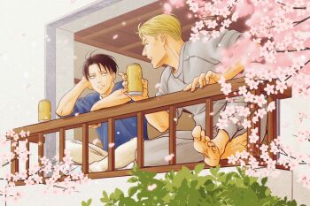 Rule 34 | 2boys, barefoot, beer can, blonde hair, blue eyes, blue shirt, brown hair, bush, can, cherry blossoms, commentary request, crew neck, drink can, erwin smith, flower, grey pants, grey shirt, head rest, highres, holding, holding can, ikichi8tkjn, levi (shingeki no kyojin), looking at another, looking to the side, male focus, multiple boys, open mouth, outdoors, pants, pink flower, plant, railing, shingeki no kyojin, shirt, short sideburns, short sleeves, sideburns, sideways glance, sitting, tree