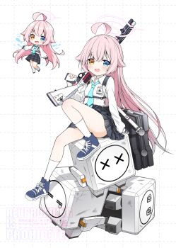 1girl :d abydos_high_school_logo ahoge anzu_ame arm_behind_back black_gloves black_skirt blue_archive blue_eyes blue_necktie blue_shorts blush chibi chibi_only collared_shirt commentary_request cross-laced_shoes dress_shirt fang fingerless_gloves full_body gloves gun hair_between_eyes halo hand_up heterochromia highres holding holding_gun holding_weapon hoshino_(blue_archive) id_card knee_up kneehighs long_hair long_sleeves looking_at_viewer miniskirt multiple_views necktie open_mouth pink_hair pink_halo plaid_clothes plaid_skirt pleated_skirt robot school_uniform shirt shoes shorts sidelocks simple_background sitting skirt smile sneakers socks straight_hair thighs very_long_hair weapon white_background white_shirt white_socks yellow_eyes