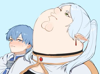 2boys blue_hair blue_sky blue_tunic blush capelet cleft_chin cloak commentary cosplay earrings elf english_commentary family_guy frieren frieren_(cosplay) gold_trim green_eyes grey_hair hair_over_shoulder head_back highres himmel_(sousou_no_frieren) jewelry kowai_(iamkowai) long_pointy_ears looking_up male_focus mole mole_under_eye multiple_boys parted_bangs peter_griffin pointy_ears short_hair simple_background sky sousou_no_frieren sweat teardrop_earrings thick_eyebrows tunic twintails upper_body upward_angle_frieren_drawing_(meme) white_capelet white_cloak