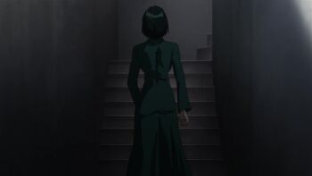 1girl animated anime_screenshot ass ass_focus backboob black_hair breasts dress female_focus from_behind fubuki_(one-punch_man) green_dress highres large_breasts medium_hair one-punch_man stairs tagme taut_clothes taut_dress video walking
