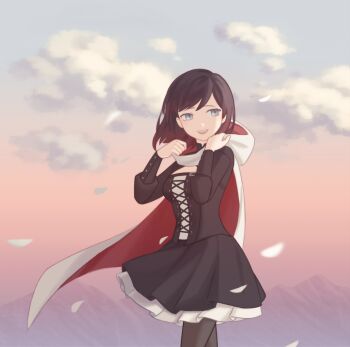 Rule 34 | 1girl, black corset, black skirt, breasts, cape, cleavage cutout, clothing cutout, commentary, corset, grey eyes, highres, hood, hooded cape, looking to the side, medium hair, meeako, petals, red cape, red hair, rwby, skirt, smile, solo, summer rose, sunset, white cape, white petals