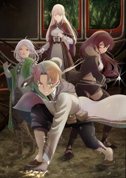 1boy 3girls ahoge ariel_anemoi_asura belt_pouch blonde_hair blue_eyes breasts brown_hair carriage casting_spell clenched_teeth elf eris_greyrat fighting_stance gloves green_eyes highres holding holding_sword holding_wand holding_weapon large_breasts multiple_girls mushoku_tensei pointy_ears ponytail pouch red_eyes red_hair rora_(user_vgpk4444) rudeus_greyrat serious sheath sword sylphiette_(mushoku_tensei) teeth unsheathing wand weapon white_hair