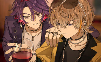 2boys alcohol blazer brown_hair choker closed_mouth colored_inner_hair cup drinking_glass ear_piercing earrings eyewear_on_head fura_kanato hair_between_eyes hand_on_another&#039;s_shoulder hashtag-only_commentary highres holding holding_cup jacket jewelry male_focus matsuhago multicolored_hair multiple_boys multiple_necklaces multiple_rings nijisanji piercing purple_hair purple_jacket ring shirt short_hair smile sunglasses two-tone_hair upper_body virtual_youtuber watarai_hibari white_shirt wine wine_glass yellow_jacket