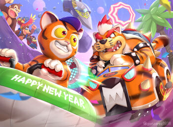6+boys :d animal_ears arm_up armlet baba_(f-zero) backpack bag banjo-kazooie banjo_(banjo-kazooie) baseball_cap bird blood_falcon blue_eyes blue_headwear blue_sky bodysuit bowser bracelet cat_ears cheering clenched_hand clenched_teeth commentary commentary_request confetti crossed_arms crossover day diddy_kong_racing domino_mask donkey_kong donkey_kong_(series) driving english_commentary english_text eye_mask f-zero furry furry_male gloves go-kart gonzarez gorilla grin happy happy_new_year hat helmet highres holding holding_instrument hovercraft instrument iron_tiger jewelry kazoo kazooie_(banjo-kazooie) looking_at_another looking_to_the_side mario_(series) mario_kart mario_kart_tour mask meowser mixed-language_commentary multicolored_hair multiple_boys multiple_crossover music necktie new_year nintendo open_mouth outdoors palm_tree playing_instrument purple_gloves purple_headwear racing red_bodysuit red_eyes red_hair red_necktie scarf sharp_teeth shoulder_spikes sky smile spiked_armlet spiked_bracelet spikes steering_wheel tail teeth thick_eyebrows tiger_boy timber_(diddy_kong_racing) tree twitter_username two-tone_hair watercraft watermark whiskers white_hair yellow_scarf