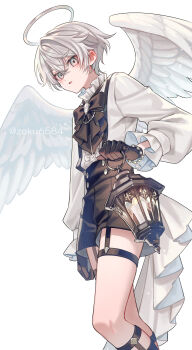 1boy absurdres angel angel_wings black_bow black_bowtie black_shorts bow bowtie commentary_request feathered_wings feet_out_of_frame green_eyes grey_hair hair_between_eyes halo highres holding holding_lantern lantern legwear_garter long_sleeves looking_at_viewer male_focus open_mouth original shirt short_hair shorts simple_background solo suspender_shorts suspenders suzaku_(zaku6584) thigh_strap traditional_halo twitter_username white_background white_halo white_shirt white_wings wings