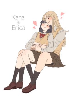 2girls absurdres bike_shorts bike_shorts_under_skirt black_hair black_socks blonde_hair blunt_bangs blush bow bowtie brown_shoes brown_skirt character_name closed_mouth commentary_request couple cuddling curtained_hair erica_(hoshizora_no_shita) fingernails full_body heart highres hoshizora_no_shita hug hug_from_behind invisible_chair kana_(hoshizora_no_shita) loafers long_hair long_sleeves multiple_girls original pleated_skirt red_bow red_bowtie ribbed_socks school_uniform shirt shoes short_hair simple_background sitting sitting_between_legs skirt smile socks straight_hair sweater_vest white_background white_shirt yellow_sweater_vest yuri