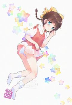 1girl ass blue_eyes blush braid brown_hair commentary_request feet hanazono_yumi highres kneepits legs loli long_hair mahou_no_idol_pastel_yumi miniskirt no_shoes panties pink_skirt red_shirt ribbon shirt skirt smile socks soles solo thighs underwear white_panties white_shirt white_socks yamaneko_suzume yellow_ribbon