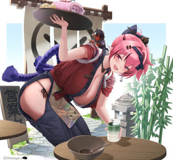 Rule 34 | 1girl, absurdres, bamboo, breasts, character request, cleavage, clothing cutout, commentary request, copyright request, cup, doro (nikke), hair intakes, hand up, highres, hip vent, holding, holding cup, holding tray, large breasts, leaning forward, open mouth, panties, smile, solo, standing, string panties, table, teacup, tray, underwear, whoosaku