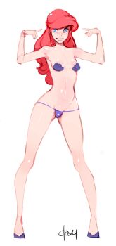 1girl ariel_(disney) bikini blue_eyes colored_skin disney doxy female_focus humanization long_legs me!me!me! navel parody red_hair simple_background sketch solo swimsuit the_little_mermaid_(disney)