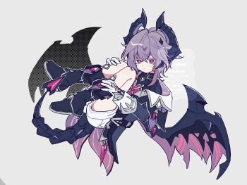 black_boots black_coat black_horns boots closed_mouth coat commentary_request crossed_bangs dragon_boy dragon_horns dragon_tail dragon_wings fetal_position gem genshin_impact gloves hair_between_eyes highres horns legs long_sleeves male_focus mini_durin_(genshin_impact) mini_durin_(human)_(genshin_impact) no1shyv purple_hair red_eyes shorts spread_wings tail white_shorts wings