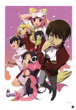 Rule 34 | 1boy, 5girls, absurdres, adjusting eyewear, aoyama mio, arm up, ascot, bandaid, bandaid on knee, bandaid on leg, black hair, blonde hair, blunt bangs, blush, book, bow, breasts, broom, brown footwear, choker, covering own mouth, elysia de lute ima, forehead, frilled sleeves, frills, from behind, from side, full body, glasses, gloves, grey eyes, grey pants, hagoromo, hair bow, hair ornament, hair ribbon, hairband, hand up, highres, holding, holding book, jacket, japanese clothes, kami nomi zo shiru sekai, katsuragi keima, kimono, long hair, looking back, medium breasts, medium hair, multiple girls, nakagawa kanon, non-web source, official art, open mouth, page number, pants, parted bangs, pink hair, pink hairband, pink ribbon, pink shirt, pointing, pointing at viewer, ponytail, purple background, purple choker, purple kimono, purple thighhighs, red jacket, red shorts, ribbon, sandals, scan, scan artifacts, school uniform, shawl, shiomiya shiori, shirt, short hair, short kimono, short sleeves, shorts, sitting, skull hair ornament, sleeveless, sleeveless kimono, takahara ayumi, thighhighs, toeless legwear, twintails, v-shaped eyebrows, very long hair, watanabe akio, white ascot, white gloves, yellow bow, zettai ryouiki