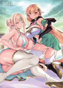2girls ass black_ribbon blonde_hair blush braid breasts cameltoe center_opening cleavage crown_braid curvy detached_sleeves dress elbow_gloves elf elf_chief_(ninoko) elf_ni_inmon_wo_tsukeru_hon fingerless_gloves garter_straps gloves hair_ribbon huge_breasts large_breasts looking_at_viewer multiple_girls navel ninoko official_art panties pointy_ears red_eyes ribbon sideboob sidelocks sylpha_(ninoko) thick_thighs thighs underwear white_dress white_garter_straps white_panties wide_hips