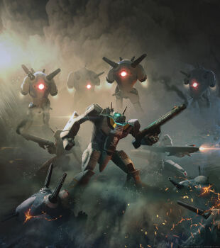 alien broken choujikuu_yousai_macross commentary concept_art crack damaged debris destruction dirty emblem energy_cannon esbeliben fire firing fog glowing glowing_eye gun gunpod highres jolly_roger lens_flare machine_gun macross mecha mecha_focus pabloolivera realistic regult robot robotech roundel science_fiction sensor smoke sparks surrounded u.n._spacy variable_fighter vf-1 vf-1j visor walker_(robot) weapon wreckage zentradi