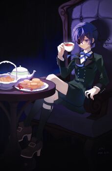 1boy 2014 bishounen black_thighhighs blue_background blue_eyes blue_hair blue_ribbon bowl bread brown_footwear chair ciel_phantomhive closed_mouth coffee_mug coffee_pot crossed_legs cup dark_blue_hair dated earrings eyepatch food fruit grapes green_jacket highres holding holding_cup jacket jewelry jitome kuroshitsuji male_focus mengweisama mug neck_ribbon plate ribbon ring scone short_hair signature sitting smile solo table thigh_strap thighhighs