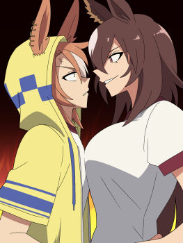 Rule 34 | 2girls, anger vein, animal ears, breasts, brown hair, commentary request, dicta striker (umamusume), drawstring, ear piercing, ears through headwear, eye contact, fiery background, fire, gym shirt, hair between eyes, highres, ho 1000 ka, hood, hood up, hooded jacket, horse ears, jacket, large breasts, long hair, looking at another, multicolored hair, multiple girls, open clothes, open jacket, piercing, profile, puffy short sleeves, puffy sleeves, red eyes, shirt, short sleeves, sirius symboli (umamusume), smile, streaked hair, umamusume, umamusume: cinderella gray, very long hair, white hair, white shirt, yellow jacket