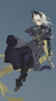 1girl absurdres arknights black_pantyhose black_shirt blue_background chinese_commentary commentary_request dress english_text floating full_body gloves green_ribbon grey_gloves gun hair_intakes handgun head_wings highres holding holding_gun holding_weapon irene_(arknights) irene_(the_adjudicatrix_and_her_resolve)_(arknights) layered_sleeves lingyu_ovo long_sleeves pantyhose pleated_dress pouch purple_dress ribbon shirt shoes short_over_long_sleeves short_sleeves simple_background simple_bird solo thigh_strap turtleneck turtleneck_shirt weapon white_hair wings