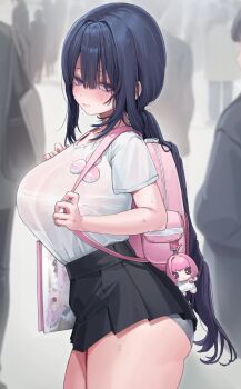 1girl absurdres ass backpack badge bag black_hair black_skirt blush bocchi_the_rock! breasts button_badge character_badge character_doll closed_mouth collarbone color_connection doll extra fingernails glaring gotoh_hitori gotoh_hitori_(tsuchinoko) hair_between_eyes hair_intakes hair_over_eyes highres huge_breasts idolmaster idolmaster_cinderella_girls kirby kirby_(series) lips long_hair looking_at_viewer nintendo original outdoors p00nipooni panties pink_bag ponytail purple_eyes shirt shopping_bag short_sleeves skirt solo_focus sweat tented_shirt thighs underwear very_long_hair white_panties white_shirt yumemi_riamu