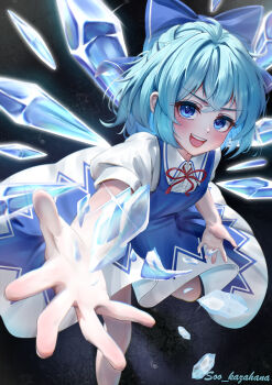 1girl absurdres artist_name blue_bow blue_dress blue_eyes blue_hair blush bow cirno collared_shirt commentary cryokinesis detached_wings dress hair_bow highres ice ice_wings leg_up looking_at_viewer neck_ribbon open_mouth pinafore_dress puffy_short_sleeves puffy_sleeves red_ribbon ribbon shirt short_sleeves sleeveless sleeveless_dress smile solo soo_kazahana teeth touhou upper_teeth_only white_shirt wings