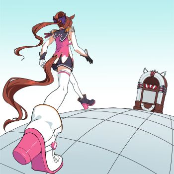 1girl absurdres animal_ears asymmetrical_footwear asymmetrical_gloves boots brown_hair epaulettes fringe_trim gameplay_mechanics gloves hair_ribbon high_heel_boots high_heels highres horse_ears horse_girl horse_tail hyoutan_tan jojo_no_kimyou_na_bouken jukebox meme mismatched_footwear mismatched_gloves oh?_you&#039;re_approaching_me?_(meme) parody ponytail ribbon sakura_bakushin_o_(blossom_in_learning)_(umamusume) sakura_bakushin_o_(umamusume) shirt shorts simple_background sleeveless sleeveless_shirt solo stardust_crusaders tail thighhighs tile_floor tiles umamusume walking