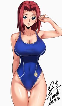 1girl absurdres arm_behind_back armpits ass bare_shoulders blue_eyes blue_one-piece_swimsuit breasts cleavage code_geass code_geass:_lost_stories commentary competition_swimsuit covered_navel cowboy_shot dated gluteal_fold groin hair_intakes hand_up highleg highleg_one-piece_swimsuit highres kouzuki_kallen large_breasts legs_together light_smile looking_at_viewer medium_hair one-piece_swimsuit parted_lips red_hair revision signature simple_background solo standing straight_hair swimsuit teeth thigh_gap upper_teeth_only variant_set white_background yoo_tenchi