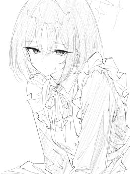 1girl apron blue_archive closed_mouth collared_dress dress from_side greyscale hair_between_eyes halo koko_(user_hktv5235) looking_at_viewer looking_to_the_side maid misaki_(blue_archive) monochrome neck_ribbon ribbon simple_background solo upper_body white_background