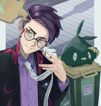1boy akataniro arm_up coat collared_shirt commentary corbeau_(pokemon) gen_4_pokemon gen_5_pokemon head_tilt highres lapels layered_sleeves long_sleeves looking_at_phone looking_to_the_side male_focus necktie nintendo one_eye_closed open_clothes open_coat outdoors parted_hair parted_lips phone pokemon pokemon_(creature) pokemon_legends:_z-a purple_hair purple_shirt rotom rotom_phone selfie sharp_teeth shirt smile symbol-only_commentary teeth trash_can trubbish white_necktie wing_collar