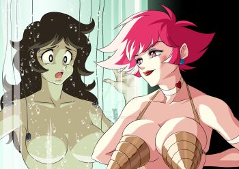 Rule 34 | 2girls, armband, armpits, blush, bra, breast press, breasts, bubble, choker, corrupted, corruption, cutie honey, cutie honey (character), drill bra, earrings, grey eyes, hajami daiko, heart, heart choker, highres, jewelry, kurumi-lover, large breasts, lipstick, looking at another, makeup, mature female, medium breasts, multiple girls, nagai gou, no nipples, nude, open mouth, possessed, shin cutie honey, short hair, tomboy, underboob, underwater, underwear, water tank, watermark