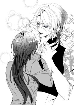 2girls arm_tattoo bare_arms chief_(path_to_nowhere) commentary ear_piercing female_chief_(path_to_nowhere) greyscale hand_on_another&#039;s_neck hashtag-only_commentary height_difference highres holding_another&#039;s_wrist long_hair long_sleeves monochrome multiple_girls path_to_nowhere piercing shirt shoulder_tattoo sleeveless sleeveless_shirt sparkle tattoo victori50915479 wolf_cut yuri zoya_(path_to_nowhere)