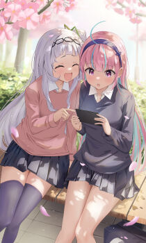 2girls absurdres ahoge alternate_costume aqua_hair arched_bangs black_skirt black_sweater blurry blurry_background cherry_blossoms closed_eyes collared_shirt colored_inner_hair cone_hair_bun day falling_petals fanged_bangs grey_hair hair_bun hairband highres holding hololive long_hair minato_aqua miniskirt mochiki_927 multicolored_hair multiple_girls murasaki_shion on_bench open_mouth outdoors petals pink_hair pink_sweater pleated_skirt purple_eyes purple_thighhighs school_uniform shirt short_eyebrows side_up_bun sidelocks single_side_bun sitting skirt streaked_hair sweater thighhighs two-tone_hair v-neck very_long_hair virtual_youtuber white_shirt