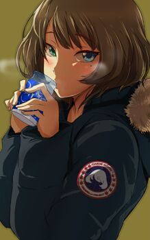 Rule 34 | 10s, 1girl, 71 (nanaichi drafting), alcohol, blue eyes, blush, brown hair, coat, cup, drink, drinking, eyebrows, female focus, fur trim, green eyes, heterochromia, holding, holding cup, idolmaster, idolmaster cinderella girls, logo, long sleeves, looking at viewer, mole, mole under eye, product placement, sake, short hair, simple background, solo, takagaki kaede
