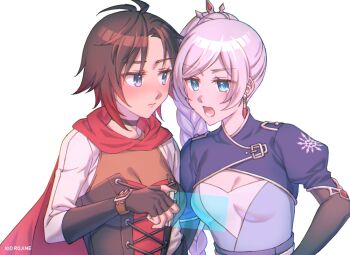 2girls black_hair blue_eyes blush cape cloak closed_mouth corset earrings grey_eyes jewelry kio_rojine long_hair multiple_girls open_mouth red_cape red_hair ruby_rose rwby scar scar_across_eye scar_on_face short_hair very_long_hair weiss_schnee white_hair