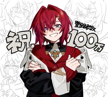 Rule 34 | 1girl, ange katrina, ange katrina (1st costume), black jacket, blue eyes, blush, cardigan, commentary request, crossed bangs, hair between eyes, hair intakes, hair ornament, jacket, long sleeves, looking at viewer, milestone celebration, nijisanji, red cardigan, red hair, short hair, sketch background, smile, tearing up, teeth, translation request, triangle hair ornament, virtual youtuber, yarawi
