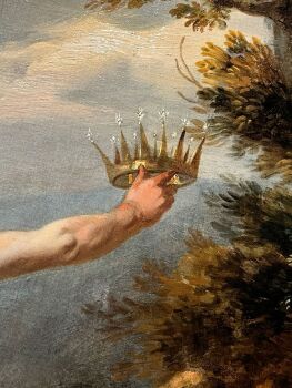 Rule 34 | 1other, bacchus discovering ariadne, blue sky, crown, fine art, gold crown, highres, holding, holding crown, jacobs jordaens, leaf, nature, object focus, oil painting (medium), out of frame, outdoors, painting (medium), realistic, roman mythology, sky, traditional media, tree