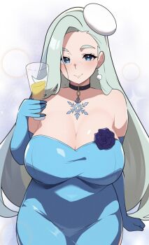 1girl alcohol alternate_costume black_choker blue_dress blue_eyes blue_gloves blurry blush breasts choker commentary_request cup dress elbow_gloves gloves holding holding_cup huge_breasts long_hair looking_at_viewer mature_female melony_(pokemon) mituyota_76 multicolored_hair nintendo pokemon pokemon_swsh smile solo streaked_hair wine