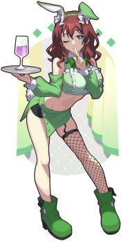 1girl ;) animal_ear_hairband animal_ears blue_eyes boots bow bowtie brown_hair center_frills commentary_request contrapposto crop_top cup drinking_glass emma_verde fake_animal_ears finger_to_mouth fishnet_thighhighs fishnets freckles frills garter_straps green_boots green_hairband green_shirt green_skirt hairband half-skirt holding holding_tray index_finger_raised leaning_forward long_hair looking_at_viewer love_live! love_live!_nijigasaki_high_school_idol_club midriff navel official_alternate_costume one_eye_closed rabbit_ear_hairband rabbit_ears red_bow red_bowtie shirt shorts shorts_under_skirt shushing single_fishnet_legwear single_garter_strap single_thighhigh skirt smile solo stomach thighhighs tray waste-man wine_glass