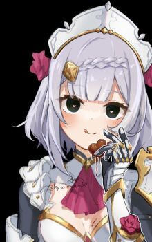 1girl :q armor ascot black_background black_eyes blunt_bangs blush braid candy chocolate chocolate_heart flower food genshin_impact gold_trim grey_hair hair_flower hair_ornament heart heart-shaped_food heart-shaped_pupils holding holding_chocolate holding_food kyanonpan50 looking_at_viewer maid_headdress medium_hair noelle_(genshin_impact) red_flower red_rose rose shoulder_armor simple_background solo symbol-shaped_pupils tongue tongue_out twitter_username