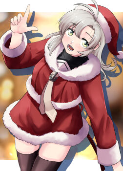 1girl antenna_hair black_thighhighs breasts commentary_request fur-trimmed_headwear fur-trimmed_shirt fur-trimmed_skirt fur_trim green_eyes grey_hair hat highres kantai_collection kinugasa_(christmas)_(kancolle) kinugasa_(kancolle) kinugasa_kai_ni_(kancolle) medium_breasts neckerchief nekotarou_(nktr299) red_hat red_shirt red_skirt santa_costume santa_hat shirt skirt smile solo thighhighs white_neckerchief