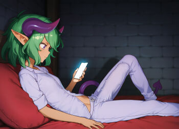 1girl breasts bulge cellphone commentary commission demon_horns demon_tail drawstring english_commentary erection erection_under_clothes foot_out_of_frame futanari green_eyes highres horns huge_penis indoors looking_at_phone midriff_peek on_bed original pajamas penis phone pillow pointy_ears purple_eyes purple_tail sleeves_rolled_up small_breasts smartphone solo stone_wall tail zoryc