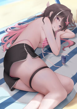 1girl ass azki_(hololive) beach bikini bikini_bottom_under_shorts bikini_under_clothes black_hair black_shorts braid breasts cleavage colored_inner_hair commentary_request day dolphin_shorts double-parted_bangs hair_intakes hair_ornament hairclip half_up_half_down_braid highleg highleg_bikini highres hololive knife large_breasts long_hair looking_at_viewer lotion lying multicolored_hair on_side open_mouth outdoors pink_bikini pink_hair purple_eyes seriponpoyon shorts solo streaked_hair striped_bikini striped_clothes sunscreen swimsuit thigh_strap underboob untied_bikini_top virtual_youtuber white_hair