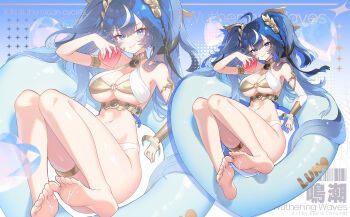 1girl adapted_costume ahoge apple_caramel armlet artist_name barcode bare_shoulders barefoot bikini blue_eyes blue_hair breasts character_name cleavage closed_mouth commentary copyright_name english_text feet full_body gold_bra heart highres holding holding_heart innertube iuno_(wuthering_waves) jewelry large_breasts long_hair looking_at_viewer multicolored_hair navel smile soles solo stomach streaked_hair suggestive_fluid swim_ring swimsuit symbol-only_commentary thighlet thighs toes twintails very_long_hair white_bikini wuthering_waves zoom_layer