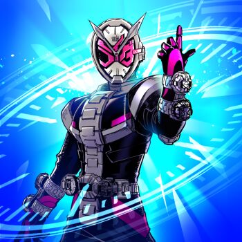 Rule 34 | 1boy, analog clock, arm at side, black bodysuit, blue background, bodysuit, clock, clock hands, commentary request, covered face, cowboy shot, facing viewer, hand up, helmet, hitsuji oshipu, index finger raised, kamen rider, kamen rider zi-o, kamen rider zi-o (series), male focus, rider belt, ridewatch, solo, tokusatsu, zi-o ridewatch, ziku-driver