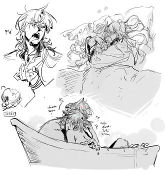 1boy 1girl apple bath bathing bed bitten_apple blush bracelet breasts cleavage commentary_request cropped_shoulders earrings food food_bite fruit gohagan_(unholymilk) hair_between_eyes half-closed_eyes hand_on_another's_face hand_up head_on_another's_shoulder heart highres holding holding_food holding_fruit hug jewelry kiss long_hair long_sleeves looking_to_the_side lying monochrome multiple_rings multiple_views necklace on_side open_mouth original parted_lips persephone_(unholymilk) purple_eyes ring saliva shared_bathing sketch smile spot_color teeth thai_commentary thai_text tongue tongue_out translation_request under_covers unholymilk upper_body white_background
