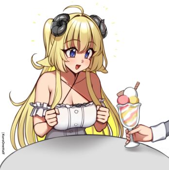 1boy 1girl ahoge animal_ears blonde_hair blue_eyes blush breasts cinnamon_stick cleavage collarbone dress food grey_jacket holding holding_food holding_ice_cream hololive horns ice_cream jacket kuroonehalf large_breasts long_hair long_sleeves looking_at_food looking_down open_mouth sheep_ears sheep_girl sheep_horns sitting sleeveless sleeveless_dress smile sundae table tsunomaki_watame upper_body virtual_youtuber white_background white_dress