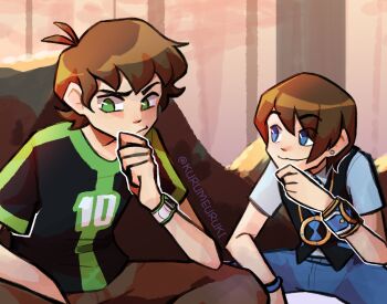 2boys ben_10 ben_10:_omniverse ben_23 ben_tennyson black_shirt black_vest blue_eyes blue_pants blue_shirt bracelet brown_hair brown_pants closed_mouth commentary denim earrings english_commentary green_eyes green_shirt hand_on_own_chin hero_watch highres jewelry kurumeuruki learning_to_be_spider-man_(meme) looking_at_another male_focus marvel meme multiple_boys omnitrix pants parted_bangs shirt short_hair short_sleeves sitting smile spider-man:_into_the_spider-verse spider-man_(series) spider-verse stud_earrings t-shirt thinking vest watch wristwatch