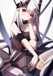 Rule 34 | 1girl, absurdres, arknights, bandaged arm, bandages, bare shoulders, black horns, blush, brown sports bra, chest sarashi, closed mouth, cowboy shot, earrings, eyes visible through hair, film grain, hand on own face, head rest, highres, horns, infection monitor (arknights), jewelry, knee up, long hair, looking at viewer, material growth, mudrock (arknights), mudrock (elite ii) (arknights), oripathy lesion (arknights), pointy ears, red eyes, sarashi, sitting, sleeveless, solo, sports bra, strap slip, white hair, worimehl